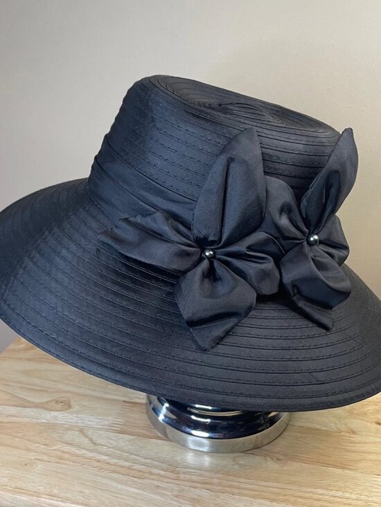 Giovannio NY Black Wide Brim Satin Dress Hat Floral Beaded Church Derby main image 5